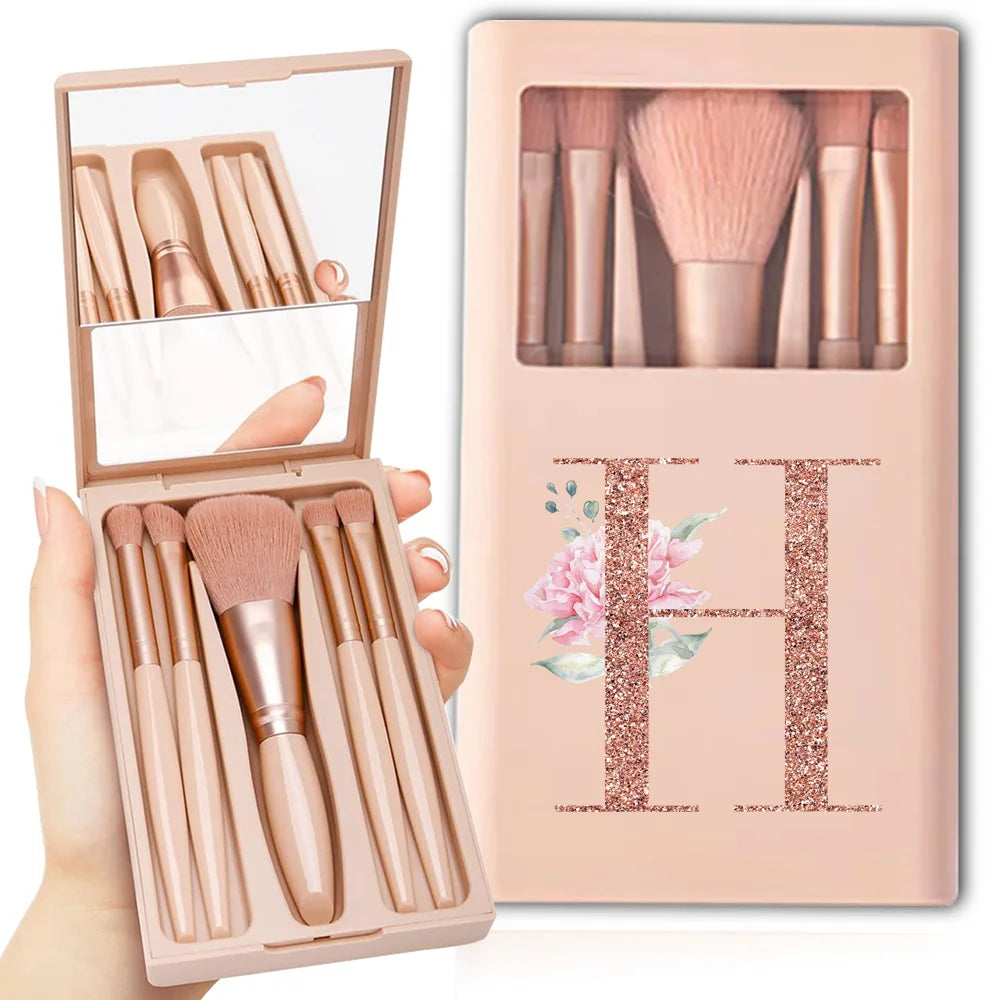 5-Piece Makeup Brush Set – Portable Cosmetic Kit with Mirror & Foldable Storage Case