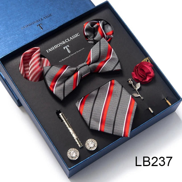 8-in-1 Luxury Silk Tie Gift Set – Necktie, Bow Tie, Pocket Squares, Cufflinks, Tie Clip & Brooches in Elegant Box
