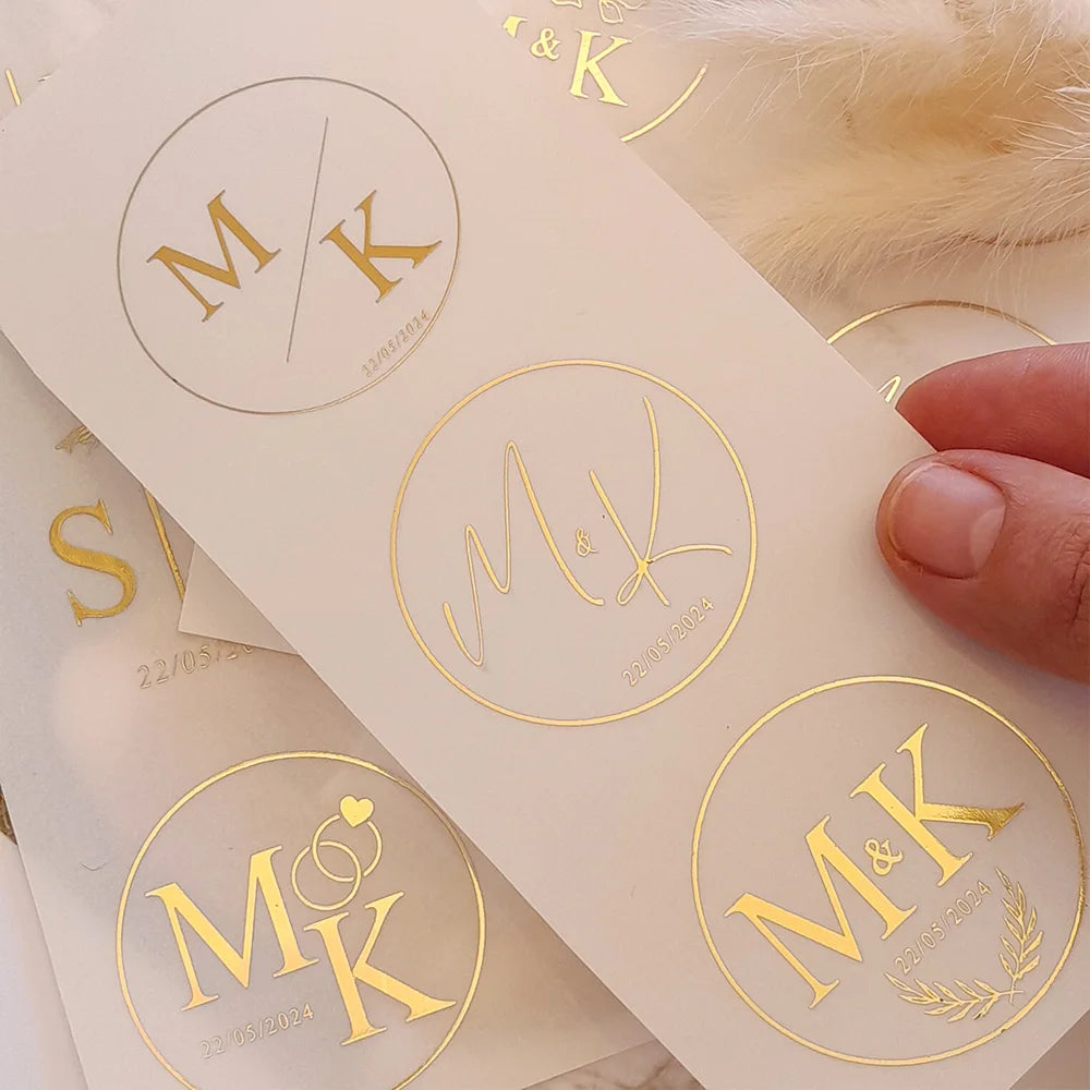 Personalized Gold-Foil Clear Stickers (50pcs) – Custom Monogram Envelope Seals, 3–8 cm Round