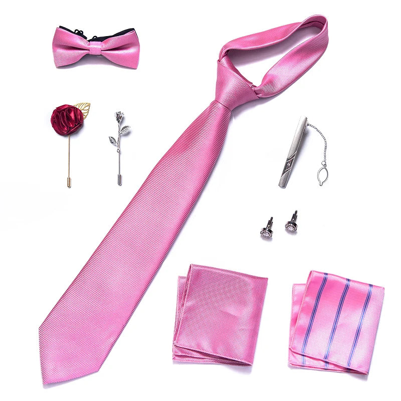 8-in-1 Luxury Silk Tie Gift Set – Necktie, Bow Tie, Pocket Squares, Cufflinks, Tie Clip & Brooches in Elegant Box