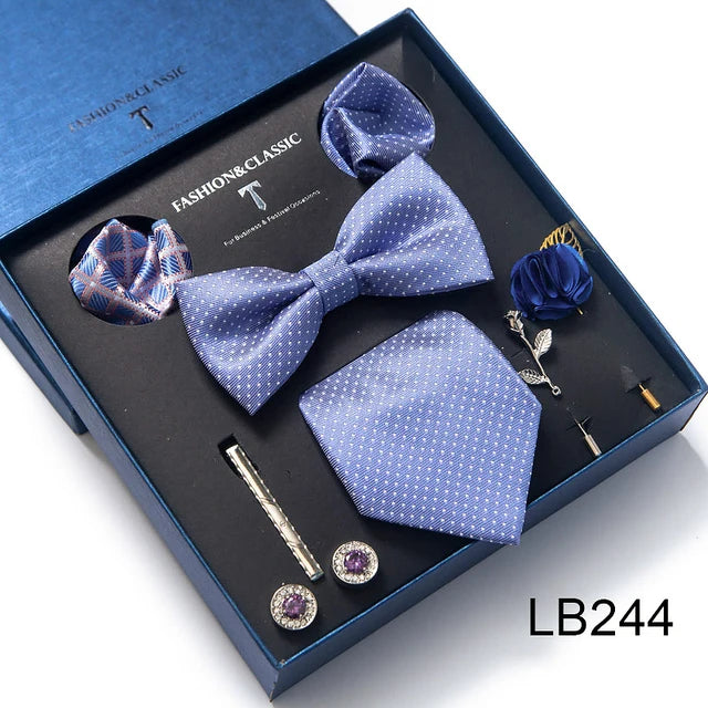 8-in-1 Luxury Silk Tie Gift Set – Necktie, Bow Tie, Pocket Squares, Cufflinks, Tie Clip & Brooches in Elegant Box
