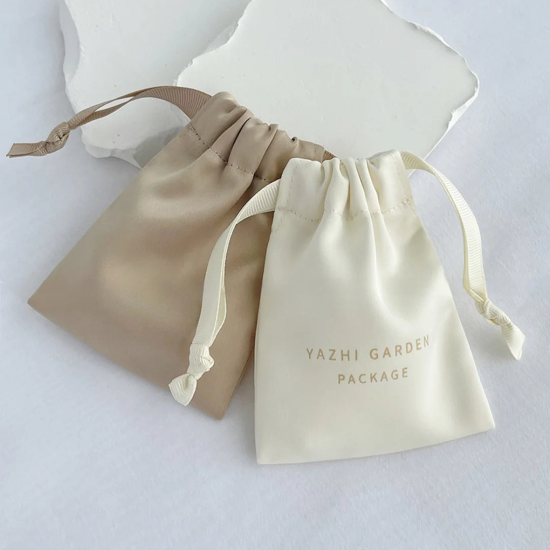 Custom Logo Satin Drawstring Pouches – Luxury Silk Jewellery Gift Bags & Wedding Favor Bags (50, 100pcs)