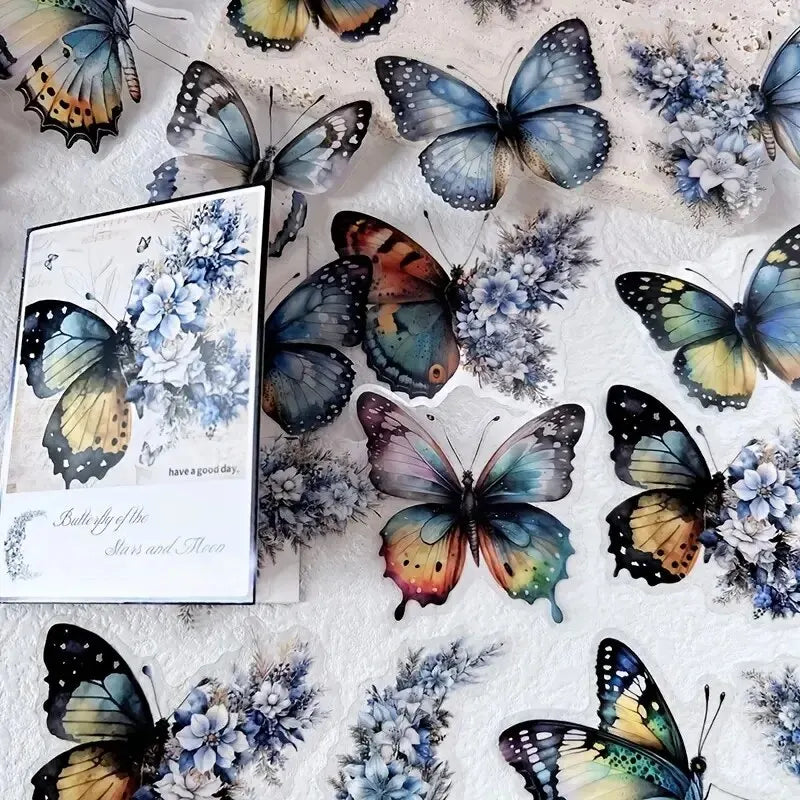 Butterfly & Moon Floral PET Stickers – Dreamy Scrapbooking & Journal Decoration Set (30 pcs)
