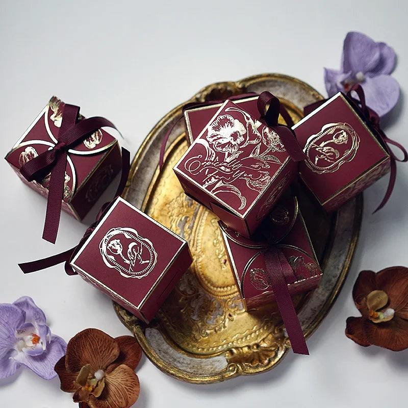 Luxury French Style Wedding Candy Boxes – Golden Paper Gift Favor Box with Ribbon (10–100pcs Lot)