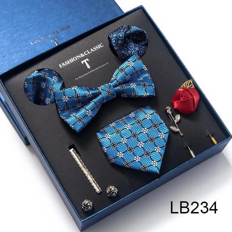 8-in-1 Luxury Silk Tie Gift Set – Necktie, Bow Tie, Pocket Squares, Cufflinks, Tie Clip & Brooches in Elegant Box