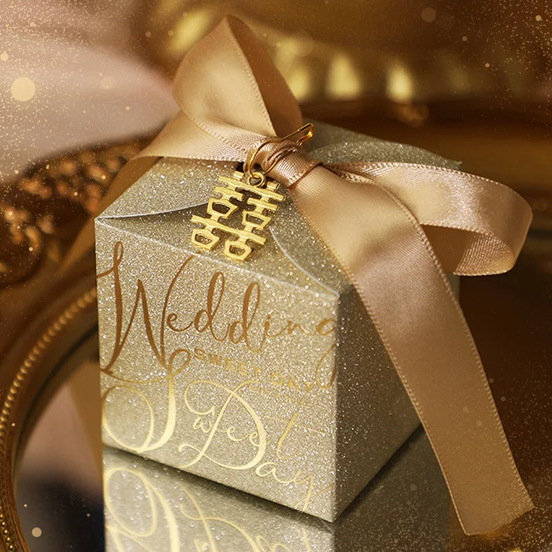 Luxury Glitter Wedding Candy Boxes with Pearl Ribbon Bow – High-End Gift & Chocolate Favor Box (20, 50pcs)