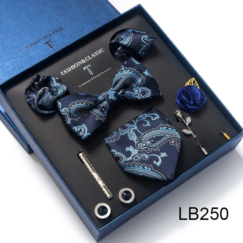8-in-1 Luxury Silk Tie Gift Set – Necktie, Bow Tie, Pocket Squares, Cufflinks, Tie Clip & Brooches in Elegant Box
