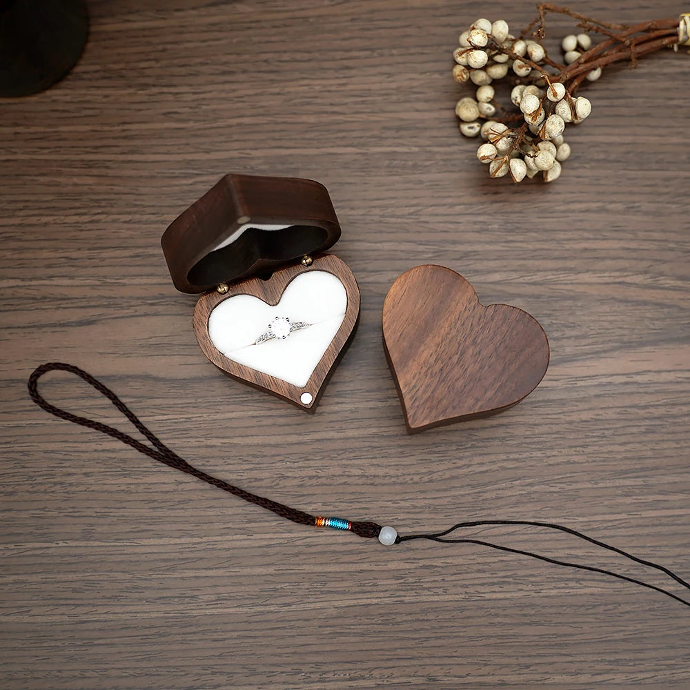 Engraved Heart-Shaped Wooden Ring Box – Personalized Wedding & Proposal