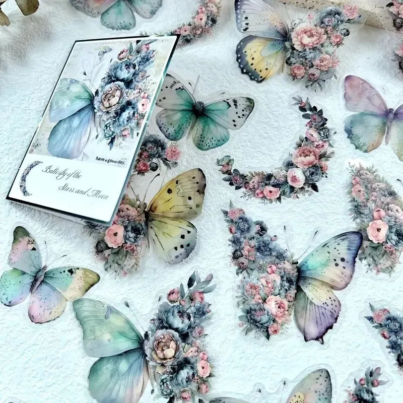 Butterfly & Moon Floral PET Stickers – Dreamy Scrapbooking & Journal Decoration Set (30 pcs)