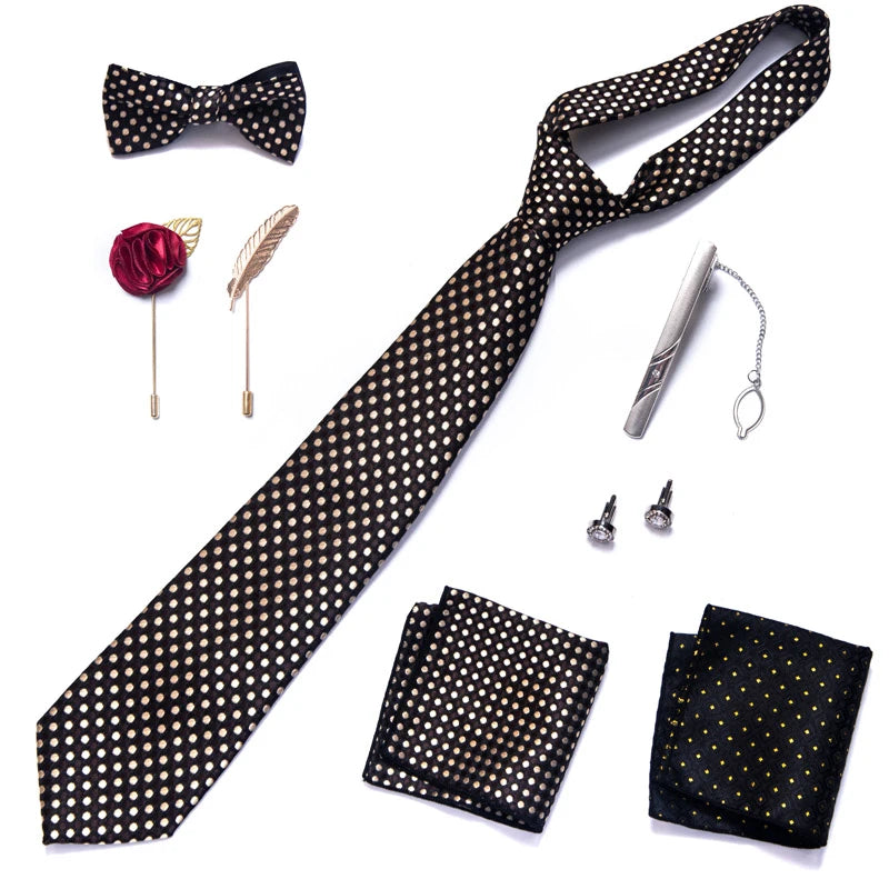 8-in-1 Luxury Silk Tie Gift Set – Necktie, Bow Tie, Pocket Squares, Cufflinks, Tie Clip & Brooches in Elegant Box