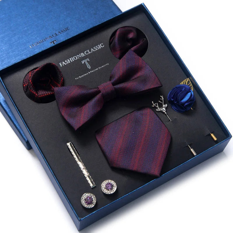 8-in-1 Luxury Silk Tie Gift Set – Necktie, Bow Tie, Pocket Squares, Cufflinks, Tie Clip & Brooches in Elegant Box