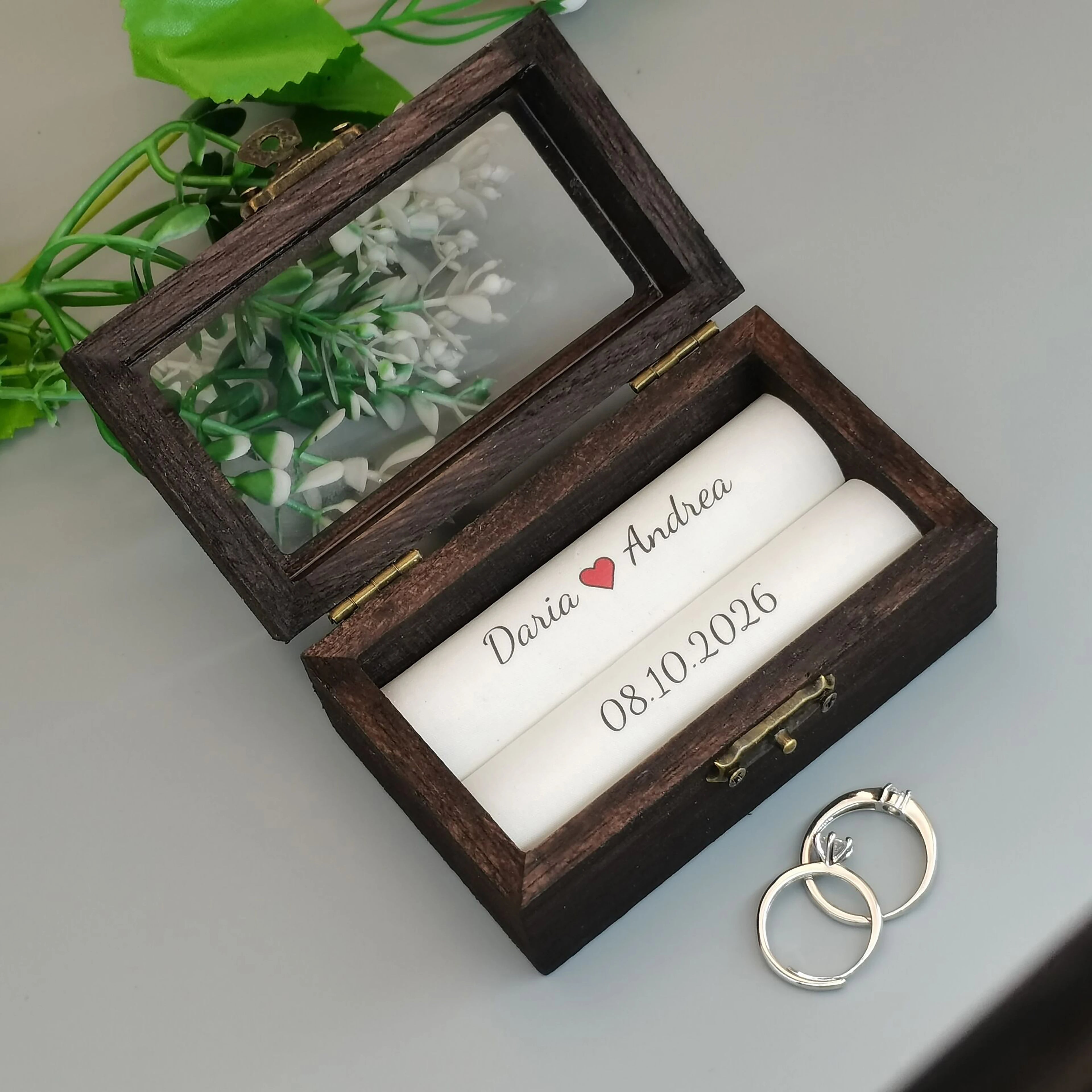 Personalized Rustic Wooden Ring Box – Custom Names & Date