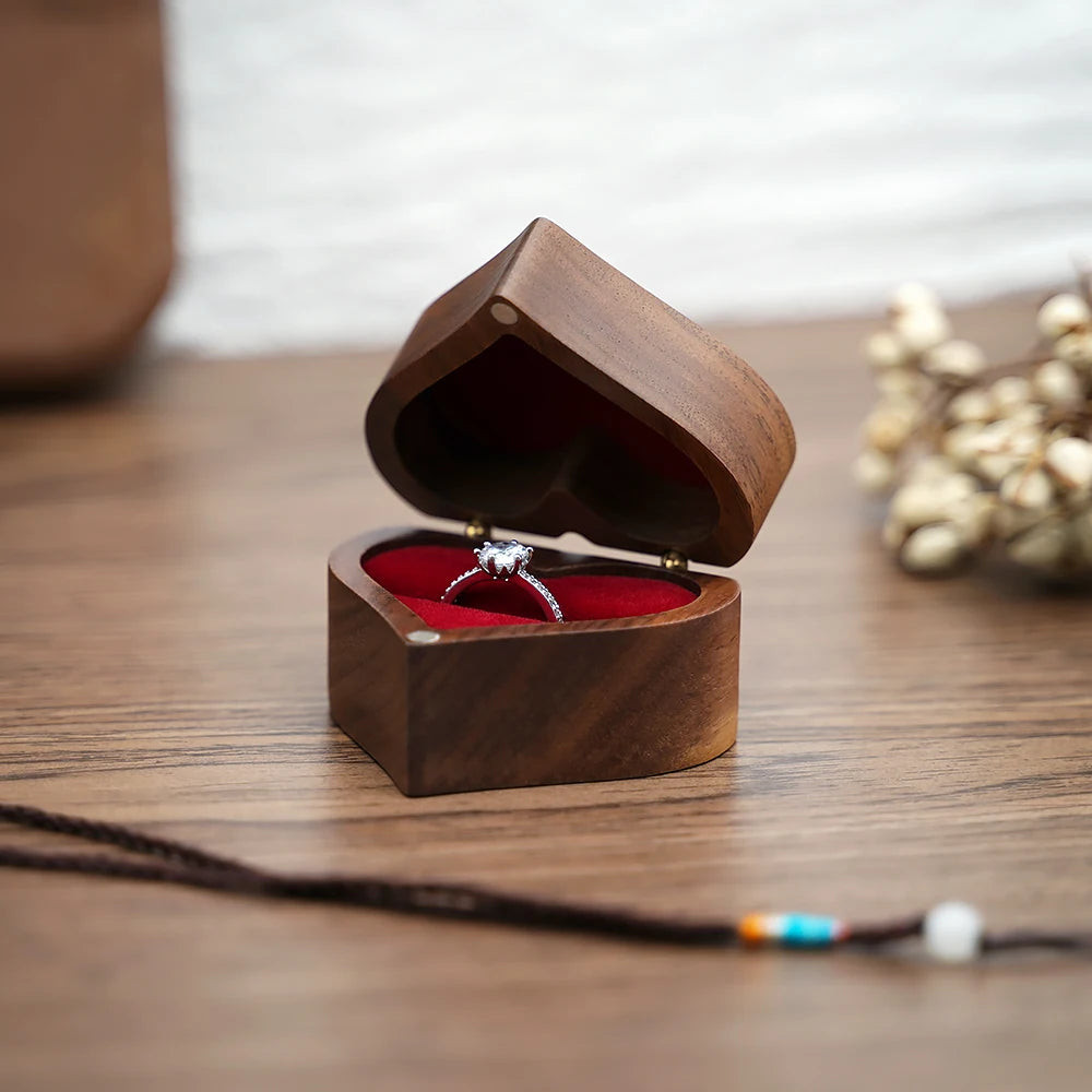 Engraved Heart-Shaped Wooden Ring Box – Personalized Wedding & Proposal