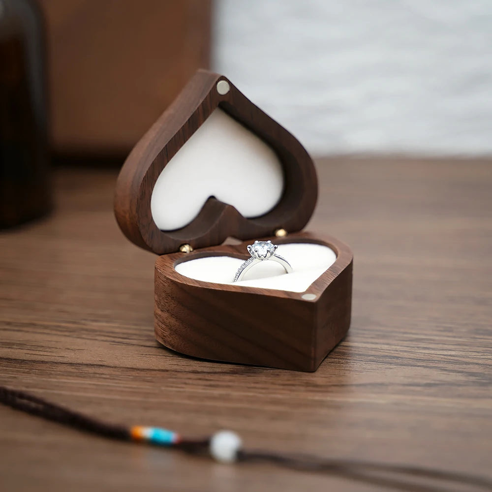 Engraved Heart-Shaped Wooden Ring Box – Personalized Wedding & Proposal