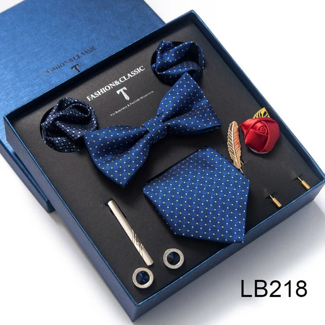 8-in-1 Luxury Silk Tie Gift Set – Necktie, Bow Tie, Pocket Squares, Cufflinks, Tie Clip & Brooches in Elegant Box