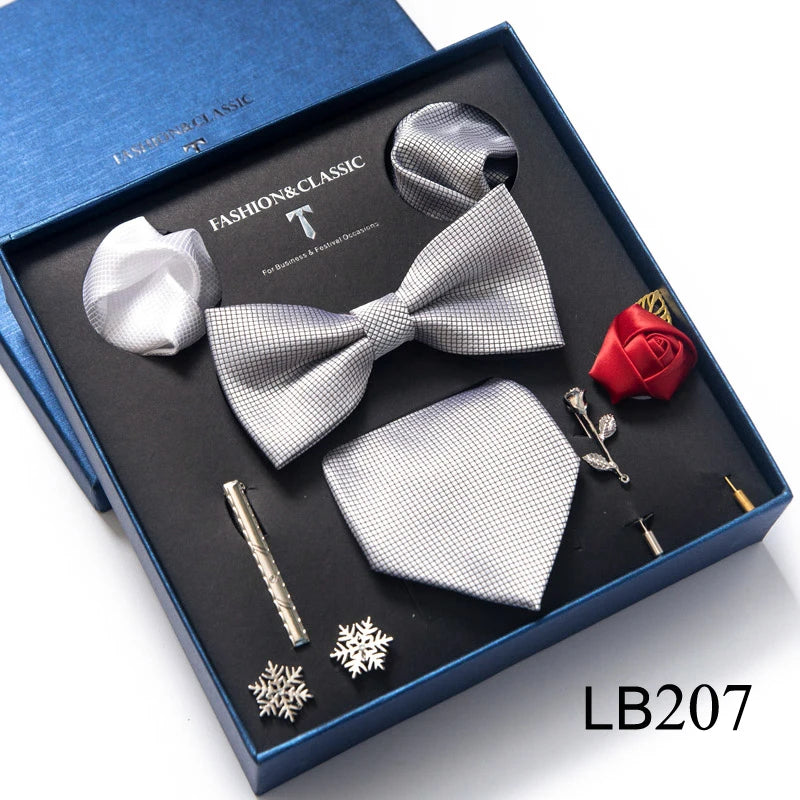 8-in-1 Luxury Silk Tie Gift Set – Necktie, Bow Tie, Pocket Squares, Cufflinks, Tie Clip & Brooches in Elegant Box