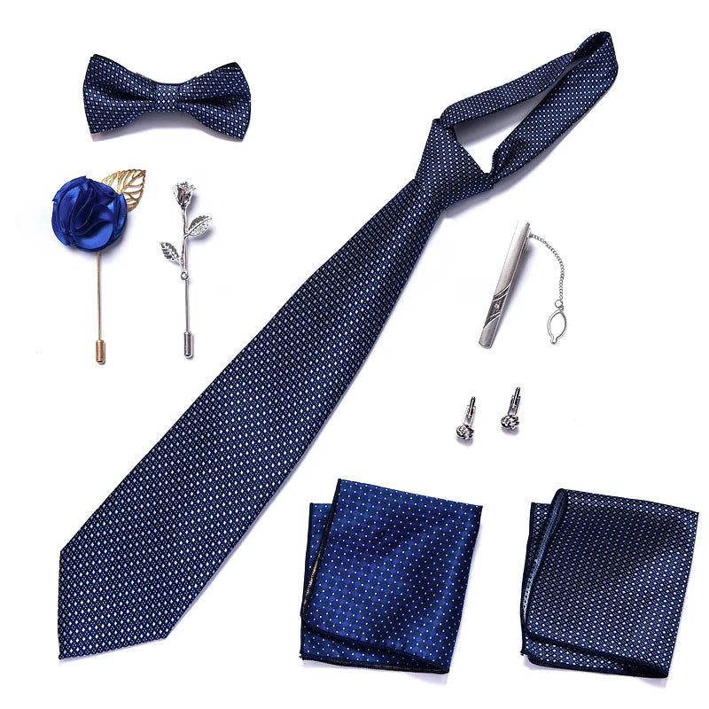 8-in-1 Luxury Silk Tie Gift Set – Necktie, Bow Tie, Pocket Squares, Cufflinks, Tie Clip & Brooches in Elegant Box