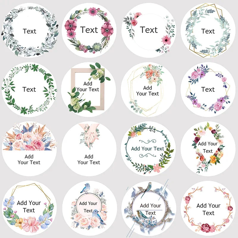 Custom Floral Frame Design Stickers – Personalized Round Labels for Weddings, Gifts & Packaging (100pcs)