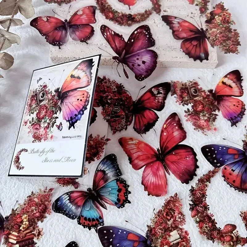 Butterfly & Moon Floral PET Stickers – Dreamy Scrapbooking & Journal Decoration Set (30 pcs)