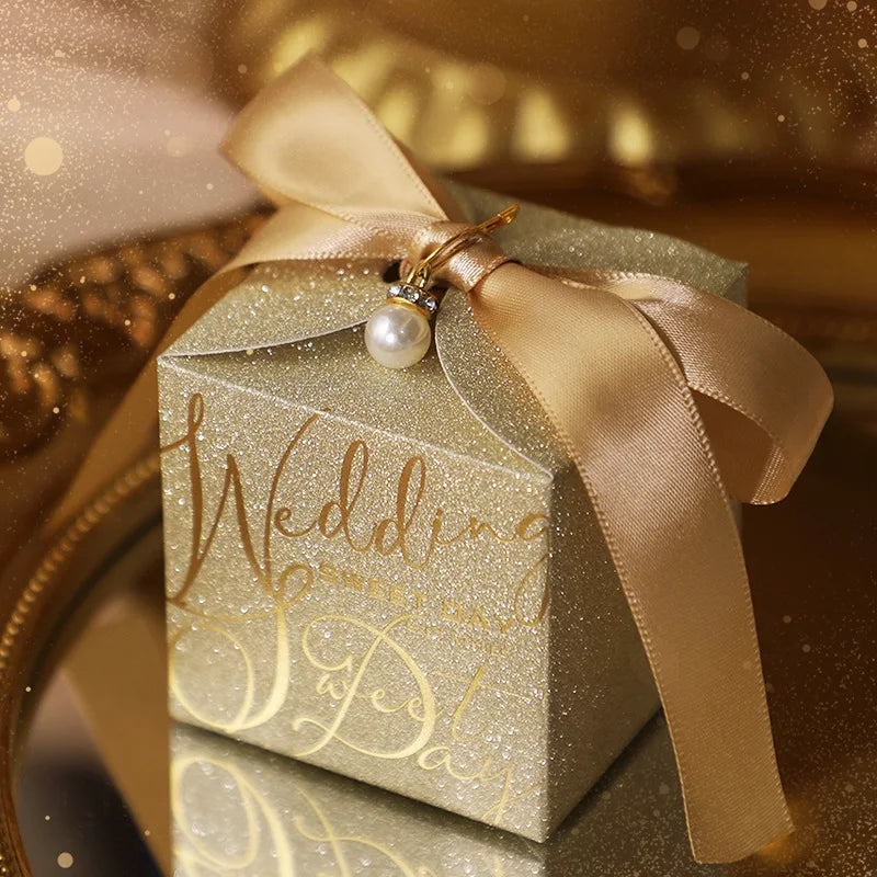 Luxury Glitter Wedding Candy Boxes with Pearl Ribbon Bow – High-End Gift & Chocolate Favor Box (20, 50pcs)