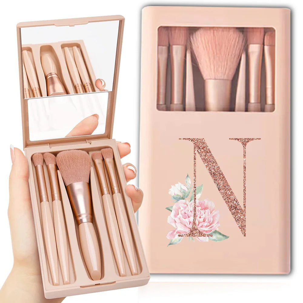 5-Piece Makeup Brush Set – Portable Cosmetic Kit with Mirror & Foldable Storage Case