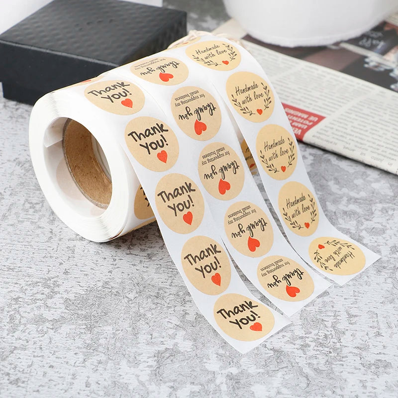 Vintage Kraft “Thank You” Stickers – 500pcs Roll for Small Business Packaging & Gifts