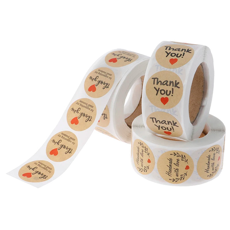 Vintage Kraft “Thank You” Stickers – 500pcs Roll for Small Business Packaging & Gifts