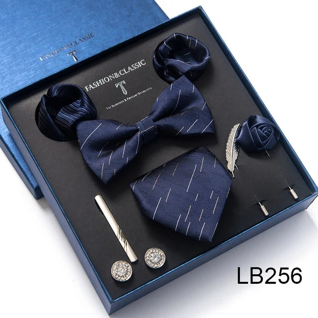 8-in-1 Luxury Silk Tie Gift Set – Necktie, Bow Tie, Pocket Squares, Cufflinks, Tie Clip & Brooches in Elegant Box