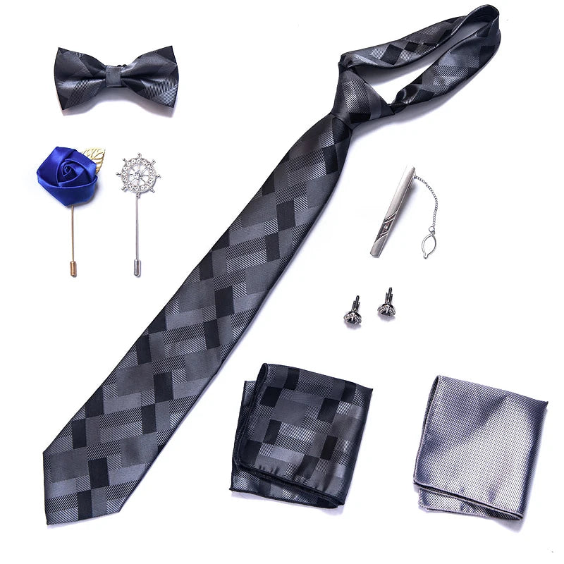 8-in-1 Luxury Silk Tie Gift Set – Necktie, Bow Tie, Pocket Squares, Cufflinks, Tie Clip & Brooches in Elegant Box