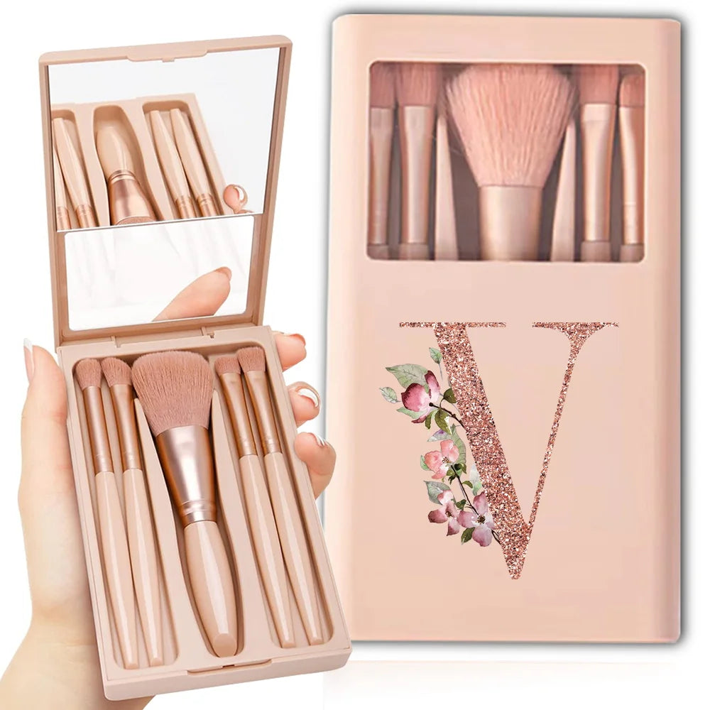 5-Piece Makeup Brush Set – Portable Cosmetic Kit with Mirror & Foldable Storage Case