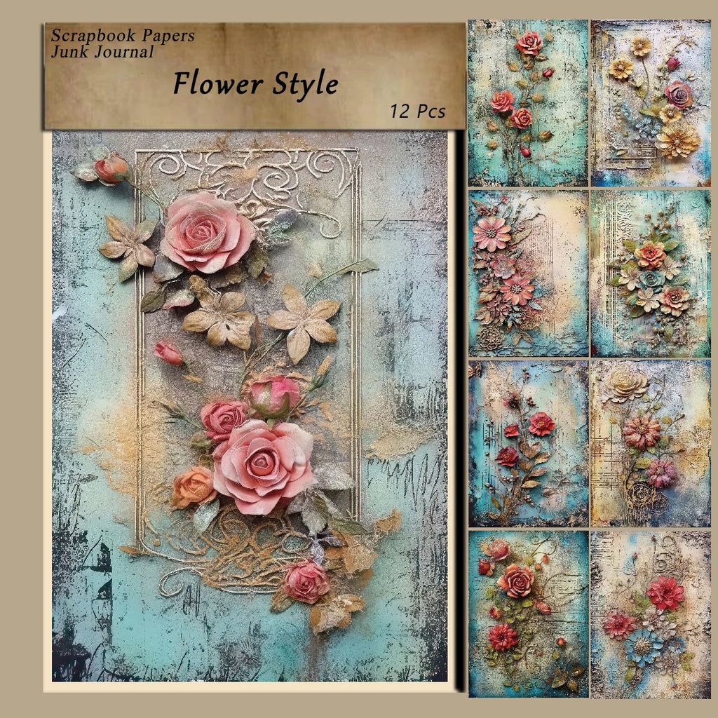 Vintage Flower Scrapbook Paper Set – Retro Floral Craft Sheets for Journals, Cards & DIY Art (12 sheets)