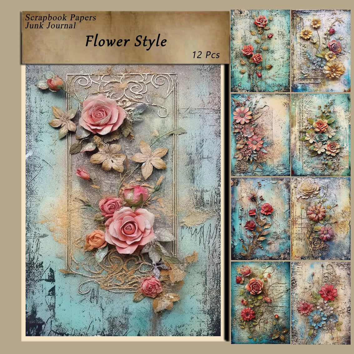 Vintage Flower Scrapbook Paper Set – Retro Floral Craft Sheets for Journals, Cards & DIY Art (12 sheets)