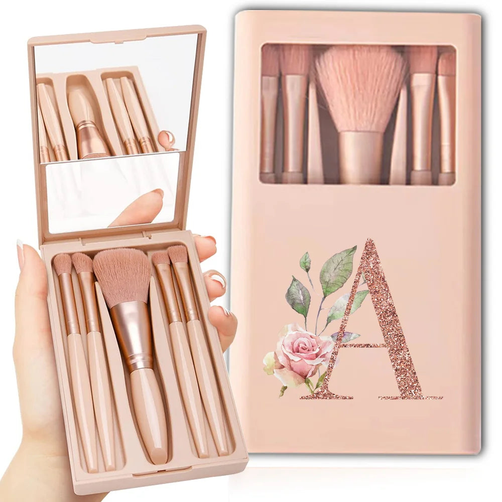 5-Piece Makeup Brush Set – Portable Cosmetic Kit with Mirror & Foldable Storage Case