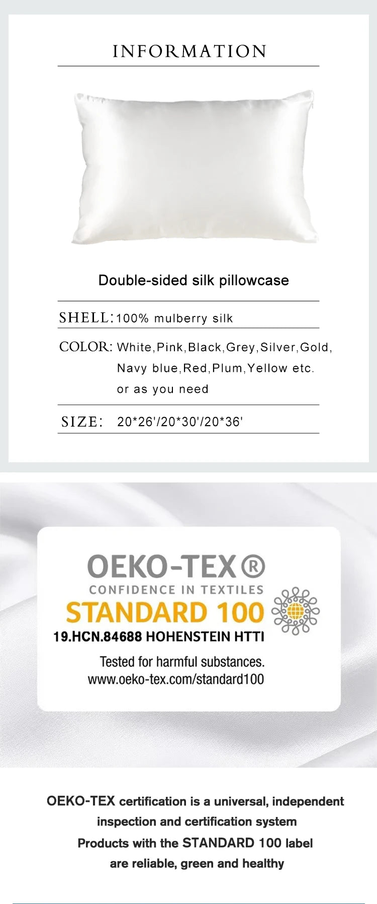 Luxury 100% Mulberry Silk Pillowcase – 19 Momme, Hidden Zipper, Both Sides Real Silk, Queen & King Sizes