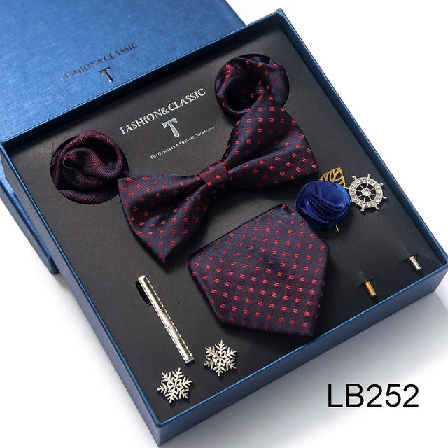 8-in-1 Luxury Silk Tie Gift Set – Necktie, Bow Tie, Pocket Squares, Cufflinks, Tie Clip & Brooches in Elegant Box