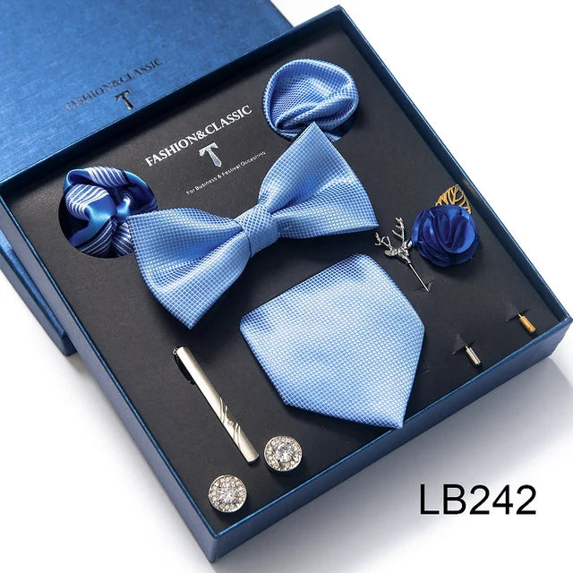 8-in-1 Luxury Silk Tie Gift Set – Necktie, Bow Tie, Pocket Squares, Cufflinks, Tie Clip & Brooches in Elegant Box