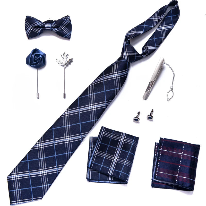 8-in-1 Luxury Silk Tie Gift Set – Necktie, Bow Tie, Pocket Squares, Cufflinks, Tie Clip & Brooches in Elegant Box