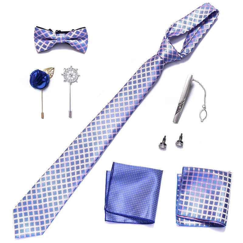 8-in-1 Luxury Silk Tie Gift Set – Necktie, Bow Tie, Pocket Squares, Cufflinks, Tie Clip & Brooches in Elegant Box