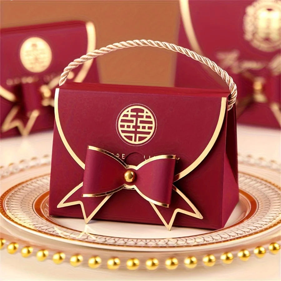 12Pcs Wine Red Handbag Candy Boxes – Elegant Wedding Favor Gift Packaging with Bow & Chinese “Double Happiness” Design