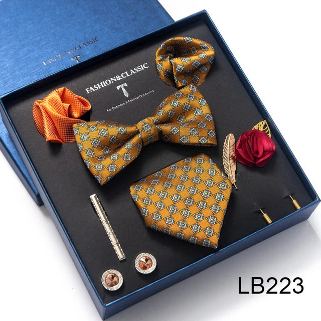 8-in-1 Luxury Silk Tie Gift Set – Necktie, Bow Tie, Pocket Squares, Cufflinks, Tie Clip & Brooches in Elegant Box