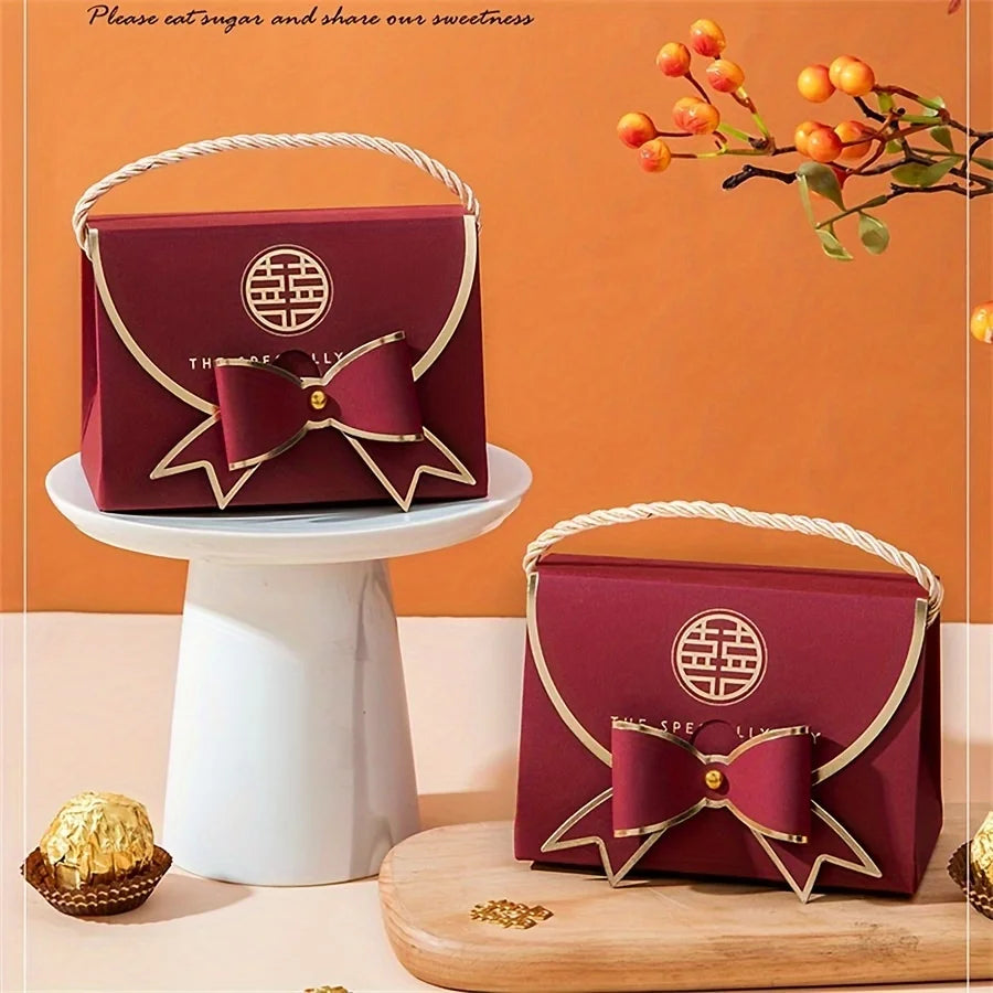 12Pcs Wine Red Handbag Candy Boxes – Elegant Wedding Favor Gift Packaging with Bow & Chinese “Double Happiness” Design