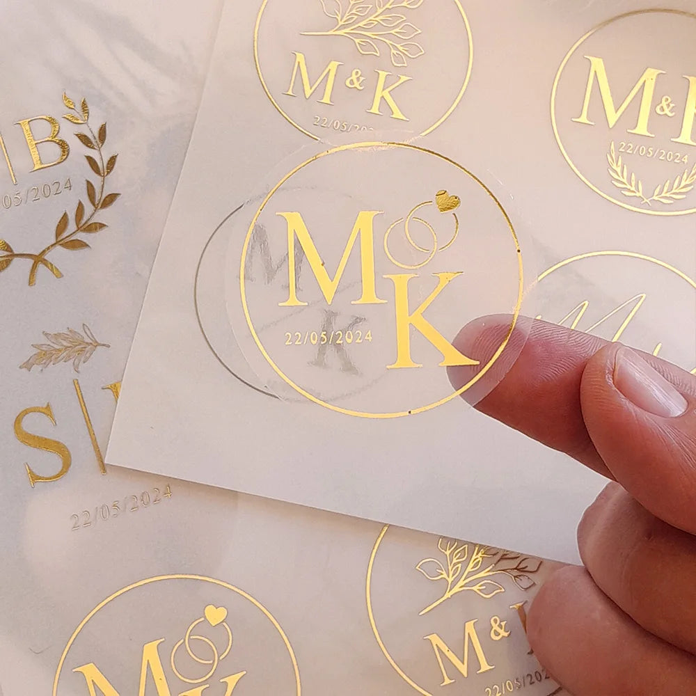 Personalized Gold-Foil Clear Stickers (50pcs) – Custom Monogram Envelope Seals, 3–8 cm Round