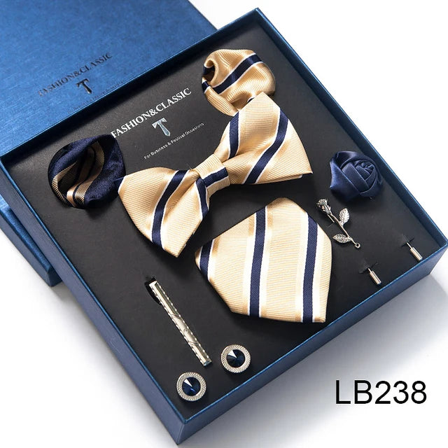 8-in-1 Luxury Silk Tie Gift Set – Necktie, Bow Tie, Pocket Squares, Cufflinks, Tie Clip & Brooches in Elegant Box