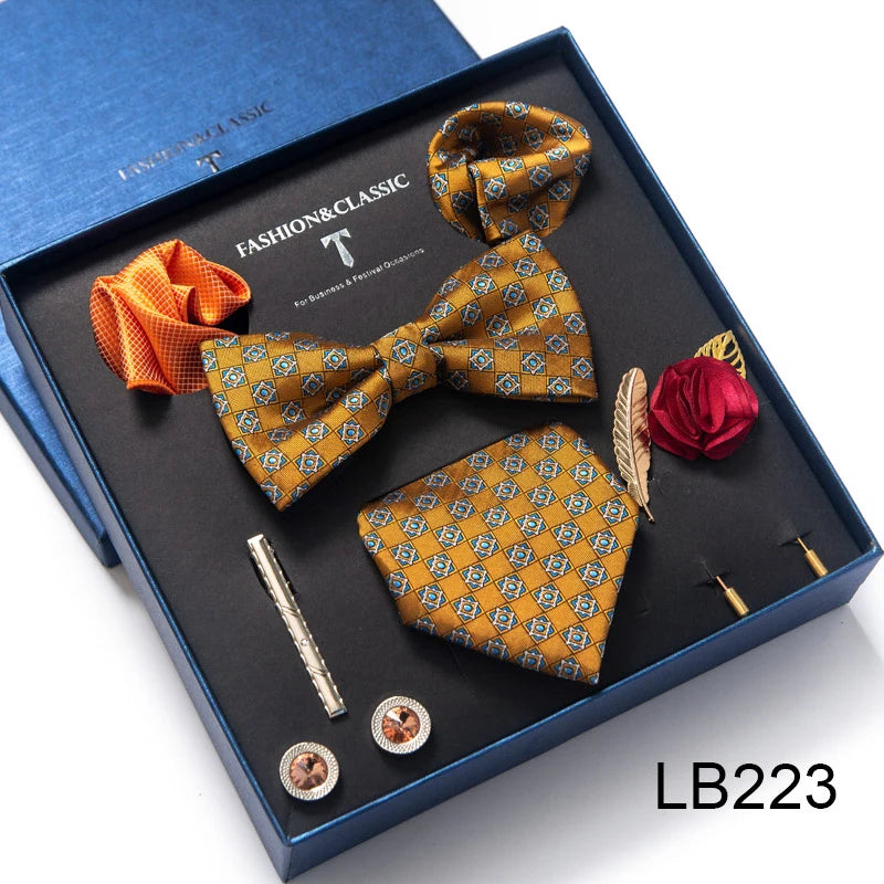 8-in-1 Luxury Silk Tie Gift Set – Necktie, Bow Tie, Pocket Squares, Cufflinks, Tie Clip & Brooches in Elegant Box