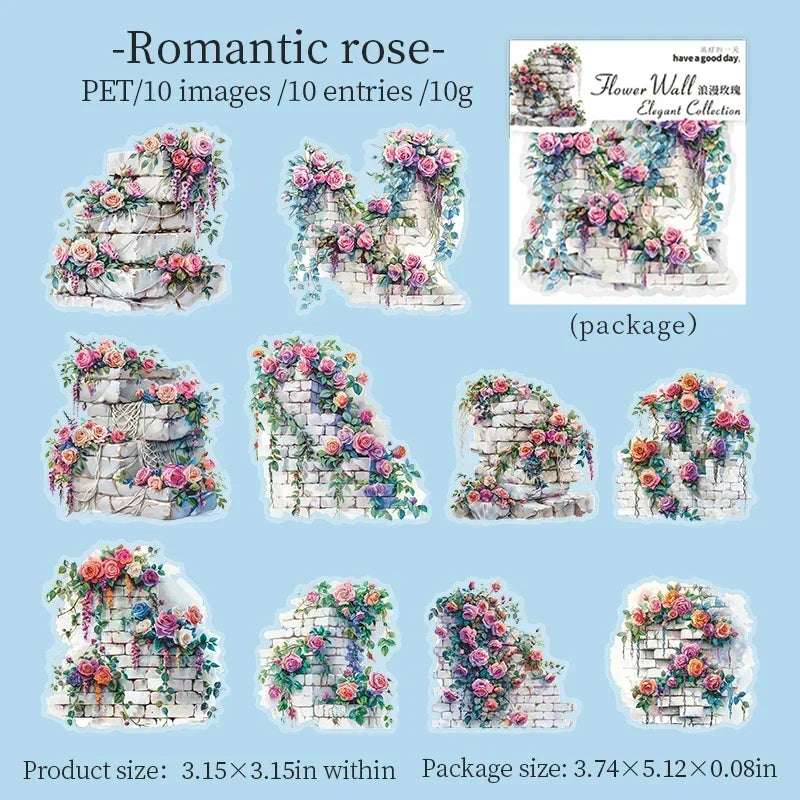 Floral Wall PET Stickers – Elegant Garden-Themed Collage Set for Scrapbooking & Journaling