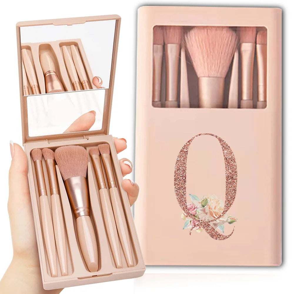 5-Piece Makeup Brush Set – Portable Cosmetic Kit with Mirror & Foldable Storage Case