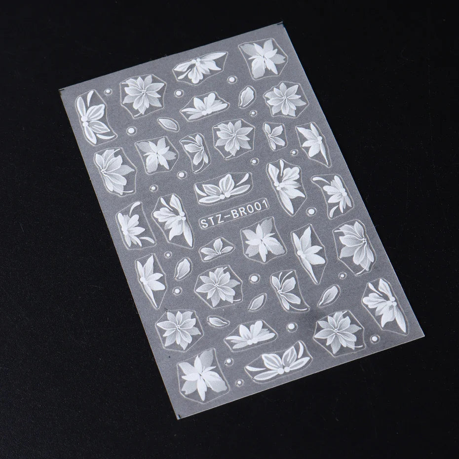 3D White Flower Nail Art Stickers Cute Floral Adhesive Sliders Acrylic Decoration Decals DIY Nail Charms Adhesive Accessories