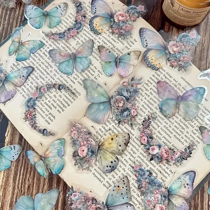 Butterfly & Moon Floral PET Stickers – Dreamy Scrapbooking & Journal Decoration Set (30 pcs)