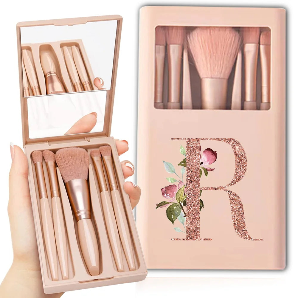 5-Piece Makeup Brush Set – Portable Cosmetic Kit with Mirror & Foldable Storage Case
