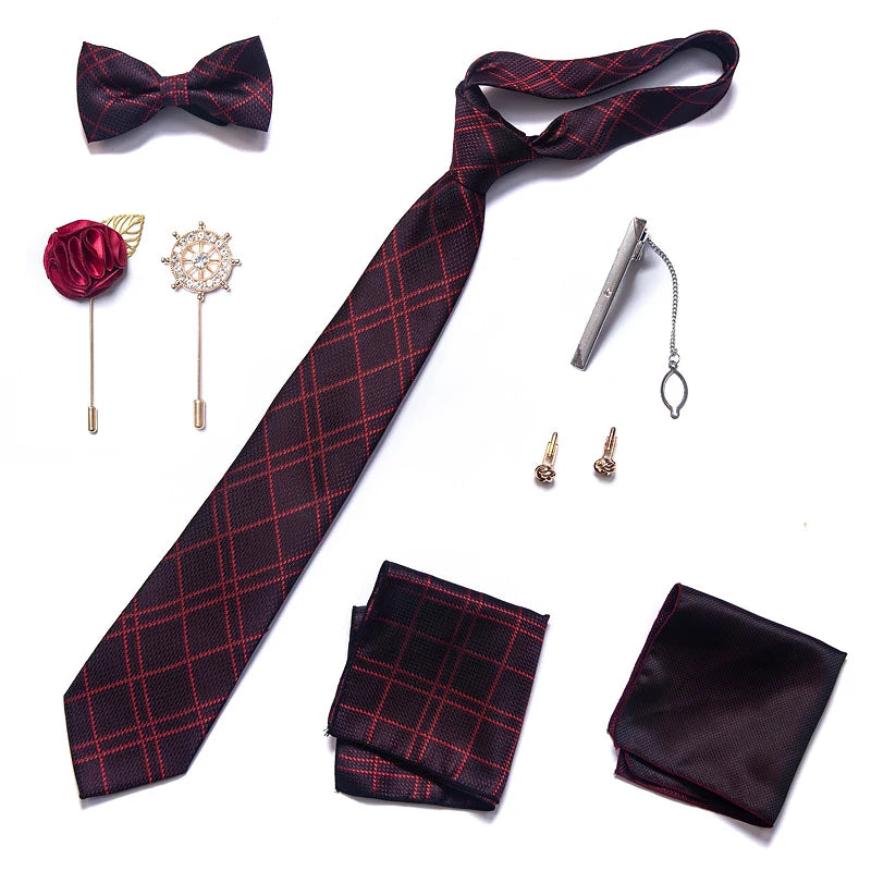 8-in-1 Luxury Silk Tie Gift Set – Necktie, Bow Tie, Pocket Squares, Cufflinks, Tie Clip & Brooches in Elegant Box